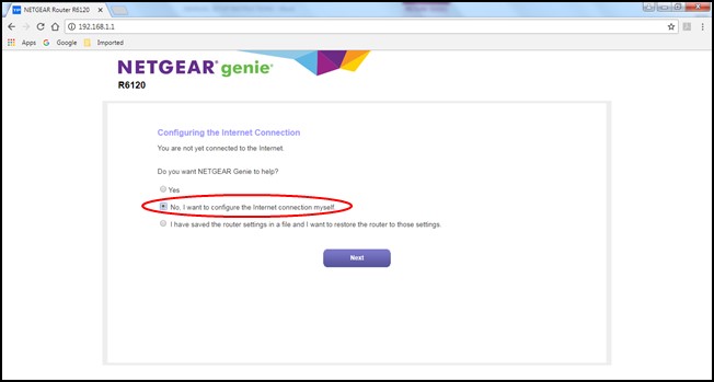 Image of step five, selecting NO, i want to configure the internet connection myself