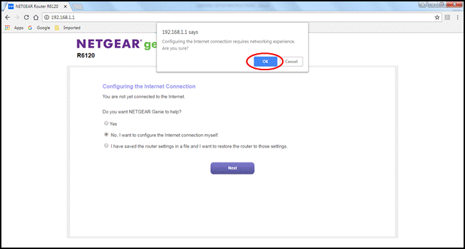 Image of step 5, clicking OK to configuring the internet connection. 