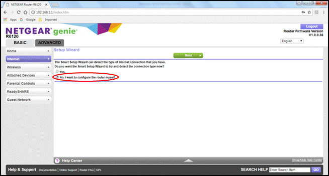 Image of step 8, Select NO, configure the internet connection myself